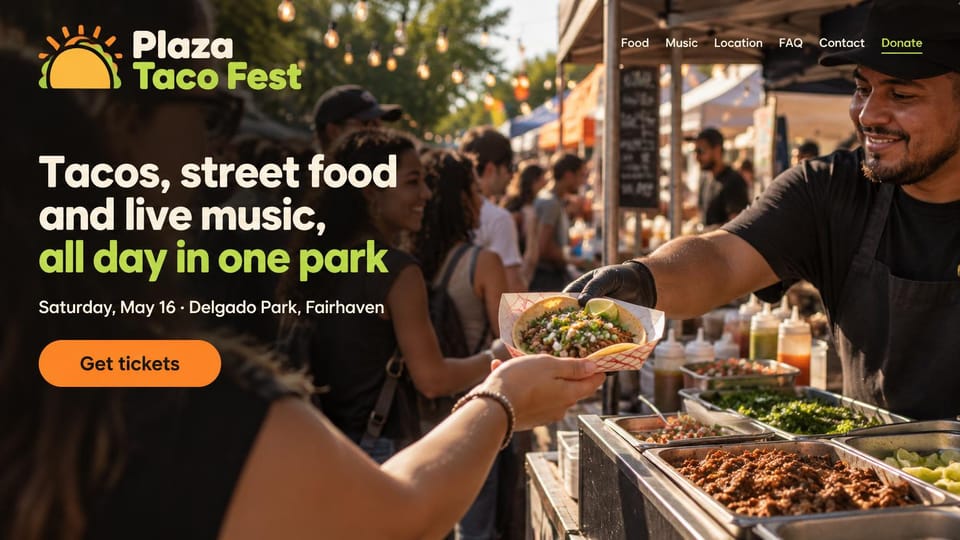 Event website design, taco festival in a city park: dark photo of a cook handing a taco across a busy stall, cream and lime headline, orange ticket button