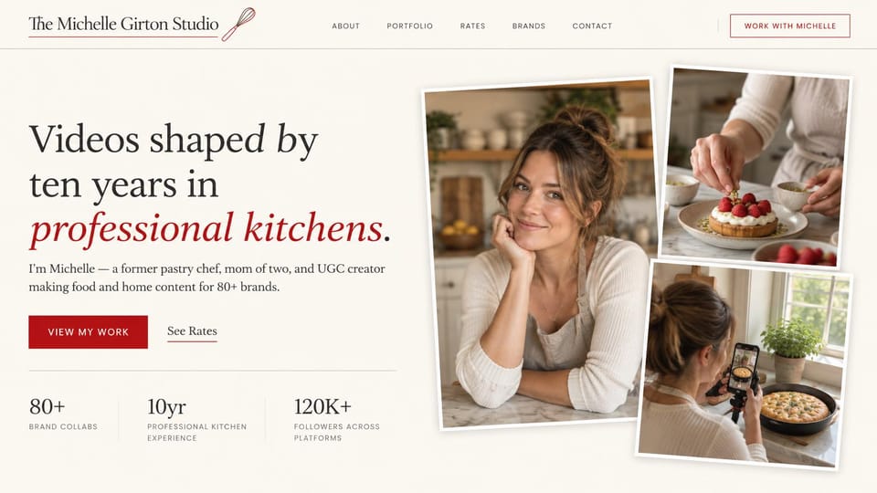 UGC portfolio website design, food creator with tilted snapshots: cream page, large serif headline with a red italic line, three tilted photos of a woman baking and filming food