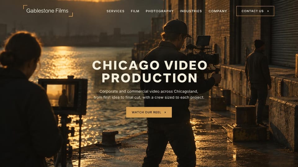 Videographer website design, corporate video production for one city, at golden hour: dark golden-hour photo of a camera operator and crew on a waterfront, a large centered cream headline in capitals, a gold reel button, an outlined contact button