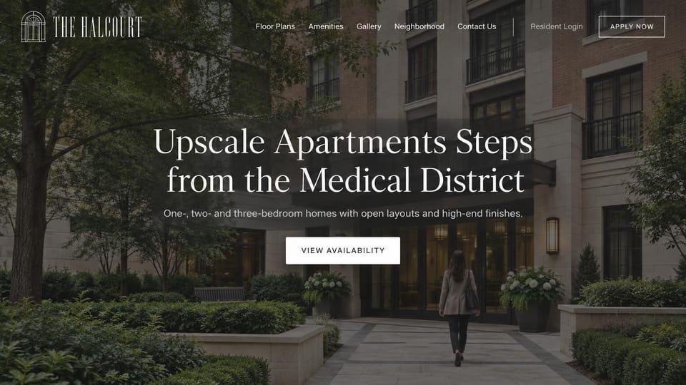 Apartment website design, luxury apartments around a garden courtyard: dimmed photo of a stone and brick building with a garden courtyard and a woman walking to the entrance, centered white serif headline, white button