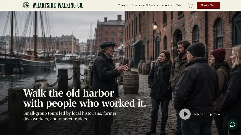 Landing page website design, history walks led by local voices: cream header with a compass logo, dark photo of an older guide talking to a group on a harbor quay with tall ships, white serif headline, play button for a video