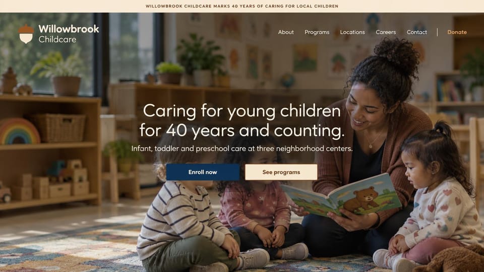Daycare website design, nonprofit childcare group, warm and centered: dim photo of a teacher reading to toddlers on a rug, centered white headline, navy and cream buttons, cream top banner