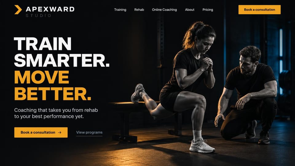 Personal trainer website design, rehab to performance coaching in amber light: near-black page in warm amber light, a bold white and amber headline, an amber consultation button, a woman doing a split squat on a bench while a coach crouches beside her