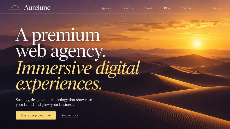 Business website design, premium web agency over desert dunes: desert dunes at sunset in purple and gold, a large white and gold italic serif headline and a gold button