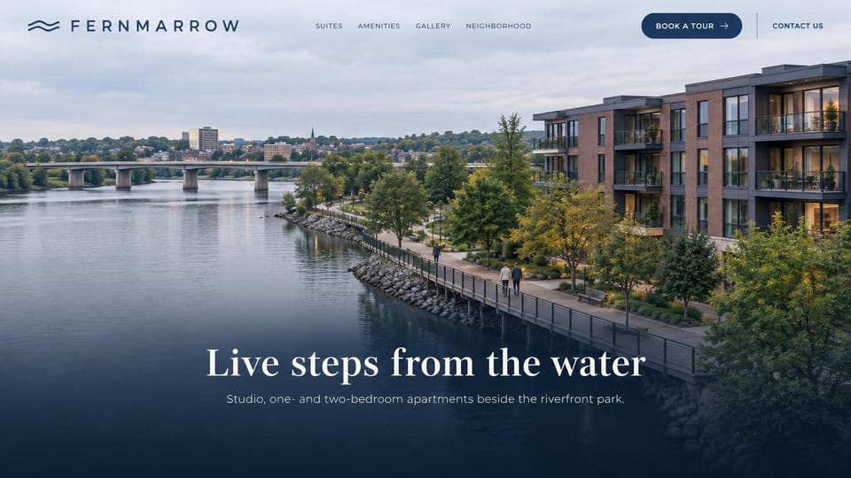 Apartment website design, riverfront apartments seen from above: aerial view of a brick and dark-panel building on a river walk with a bridge and town behind, centered white serif headline over a navy fade, navy tour button