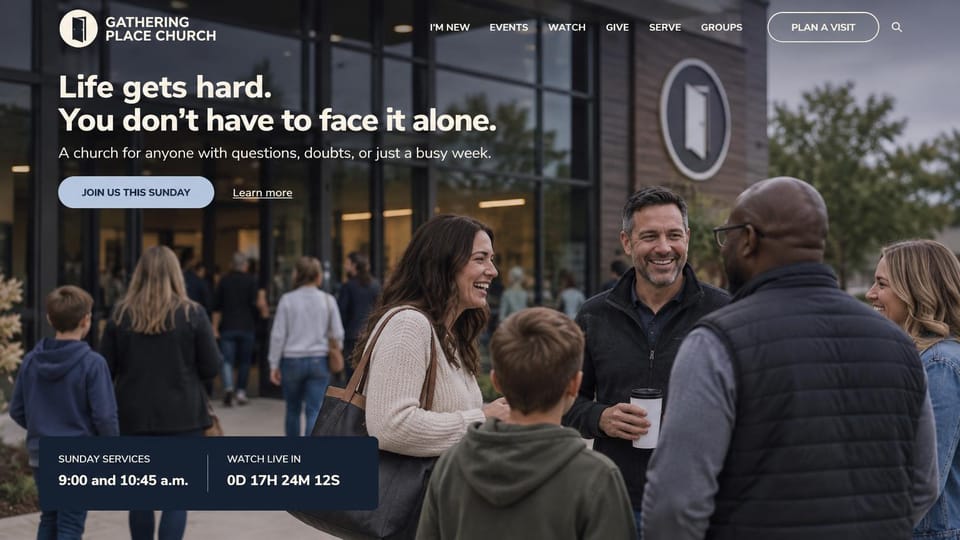 Church website design, church with a livestream countdown: people talking outside a church at dusk, white headline, a dark bar with service times and a countdown
