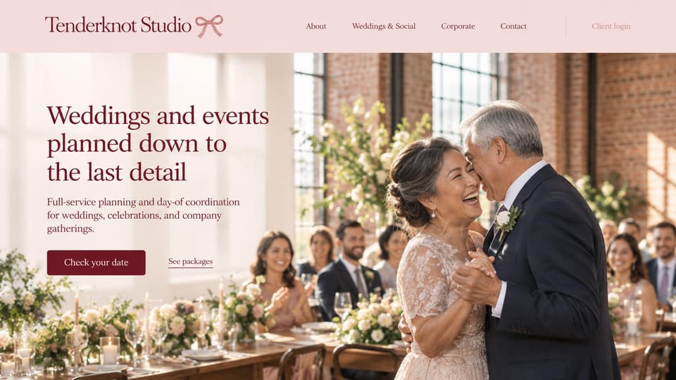 Event planner website design, weddings and company gatherings in blush and burgundy: blush header, a burgundy serif headline, a burgundy date button and an older couple dancing in a brick loft reception