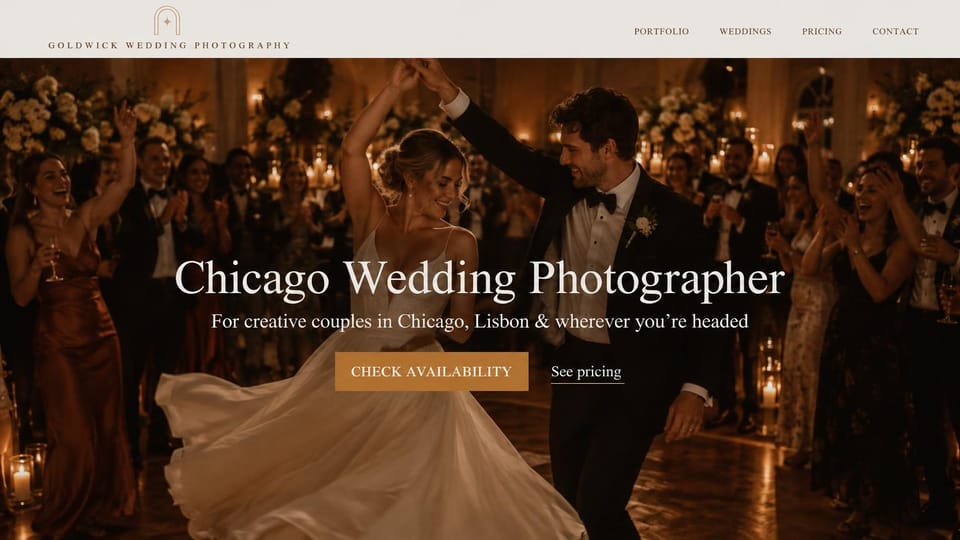 Wedding photographer website design, city wedding photographer with a candlelit dance floor: pale cream menu with a brown arch logo, a bride twirling with the groom on a candlelit dance floor among guests, a centered white serif headline and a gold availability button