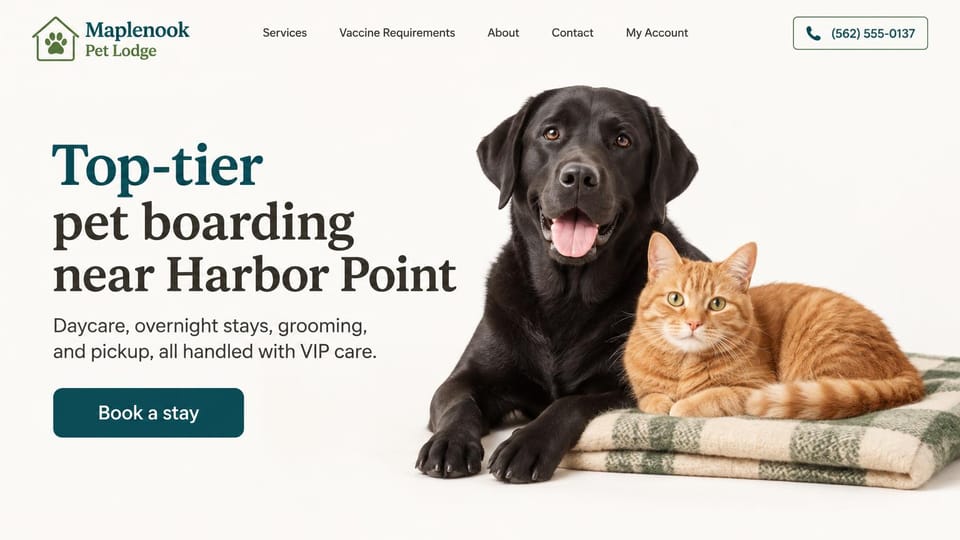 Pet business website design, pet boarding for dogs and cats, clean and calm: white page, a teal and charcoal serif headline beside a black lab and an orange cat on a plaid blanket, a teal button