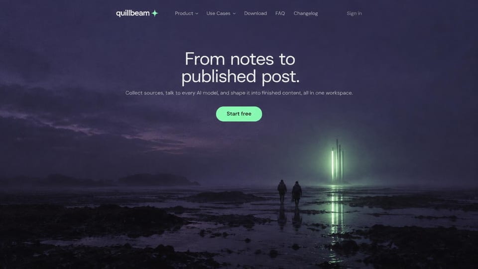 AI startup website design, aI writing workspace on a misty shoreline: dark purple misty shoreline at dusk, two distant figures walking toward glowing green pillars, white centered headline, mint green button