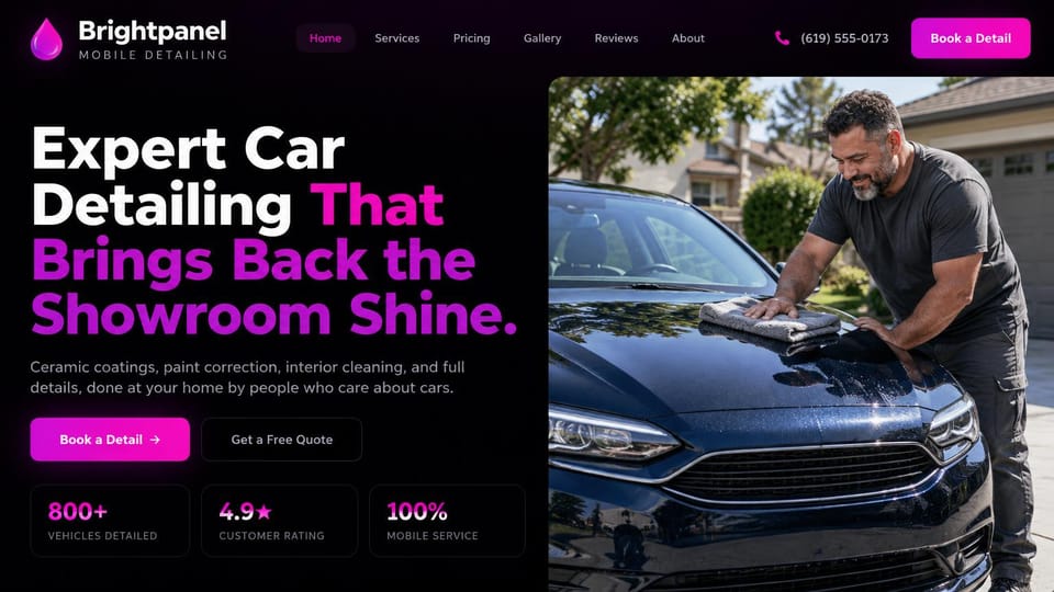 Car detailing website design, mobile detailing in black and magenta: black page, a bold white and magenta headline, a magenta book button, three stat boxes, a bearded detailer wiping a navy car's hood in a sunny driveway