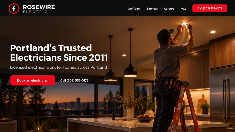 Electrician website design, home lighting in a warm kitchen at dusk: black header, a warm kitchen at dusk with an electrician on an orange ladder fitting a ceiling light, a white headline and a red button