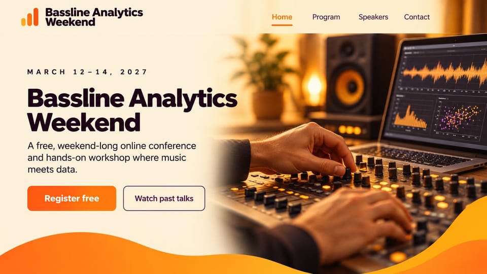Event website design, free online music and data weekend in warm orange: cream page fading to orange waves, a large black headline, an orange register button, an outlined past-talks button and hands on a mixing desk beside a laptop of waveforms