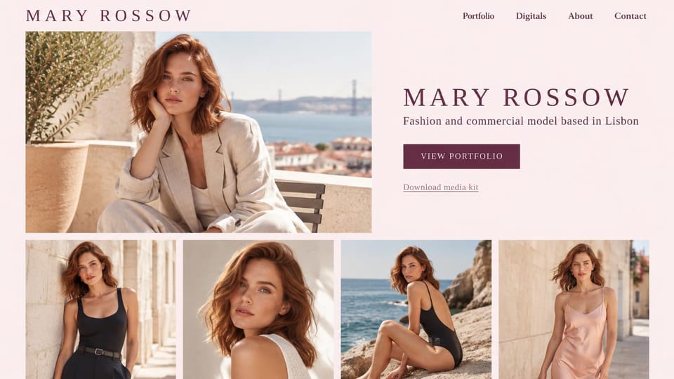 Model portfolio website design, fashion model with a sunlit terrace and a media kit: pale pink page, spaced plum capitals, a red-haired woman in a cream linen suit on a sunny terrace above a city, a plum portfolio button and four photos including two black swimsuits