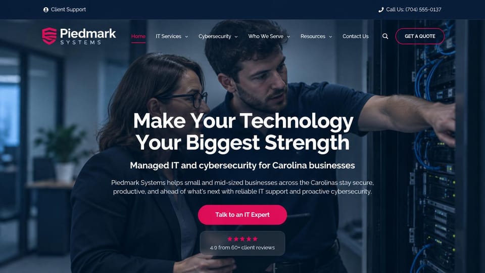 IT company website design, regional managed IT with a client rating: navy top bar, a dim blue photo of two engineers at a server rack, centered white headline, pink button, a star rating pill