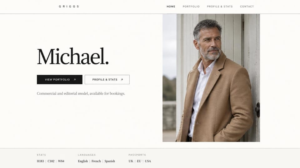 Model portfolio website design, mature model with stats, languages and passports: warm white page, a large black serif first name, black and outlined buttons, a gray-haired man in a camel coat by a weathered door