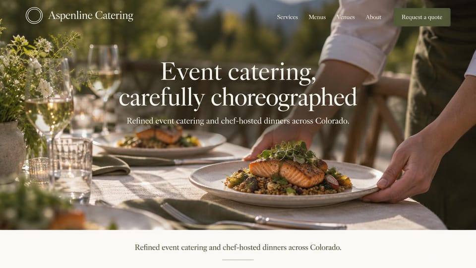 Catering website design, chef-hosted dinners at an outdoor table: a server setting a salmon plate on a sunlit outdoor table among trees, a centered white serif headline and an olive button