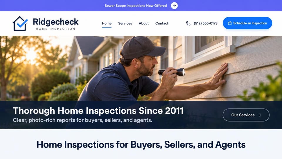Home inspector website design, new service announcement with a photo banner: violet announcement bar, white header with a blue schedule button, an inspector with a flashlight checking siding, a navy caption bar