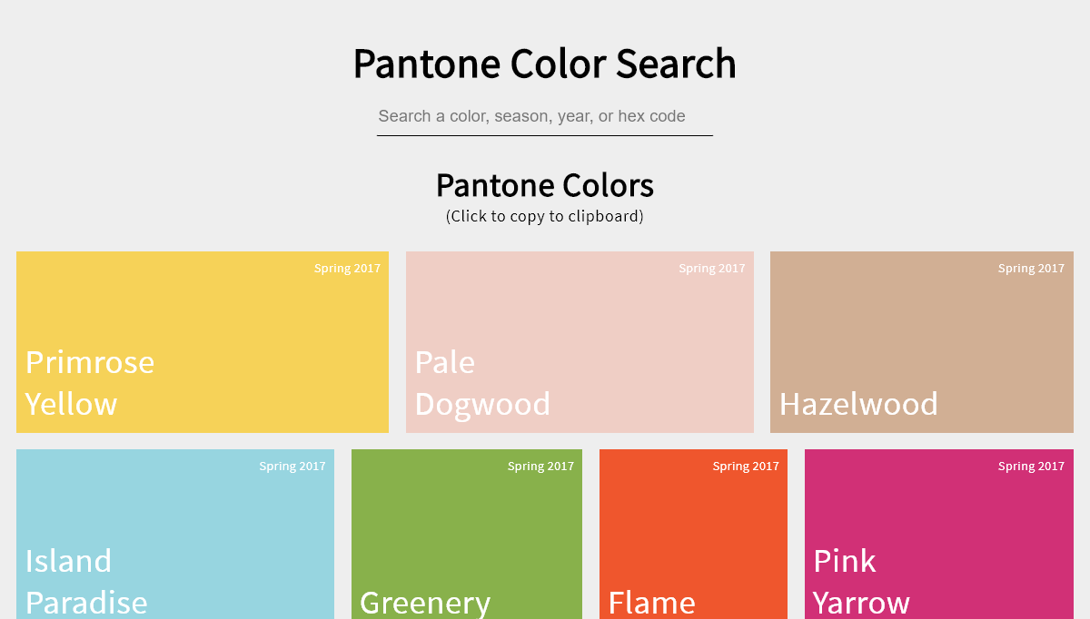 CSS Color Palettes - Vue Pantone Color Search + Clipboard