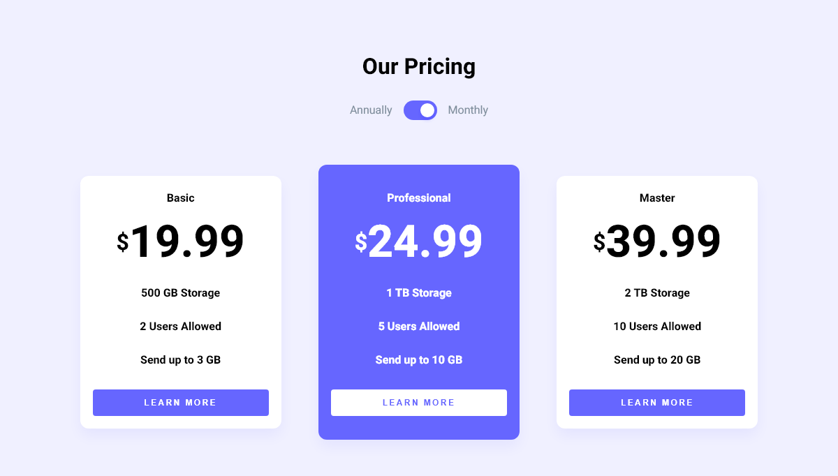 jQuery Toggle Switches - UI 004: Pricing component