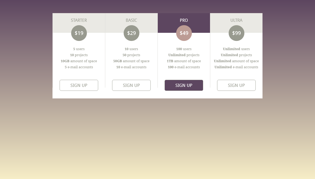 CSS Tables - Pricing table
