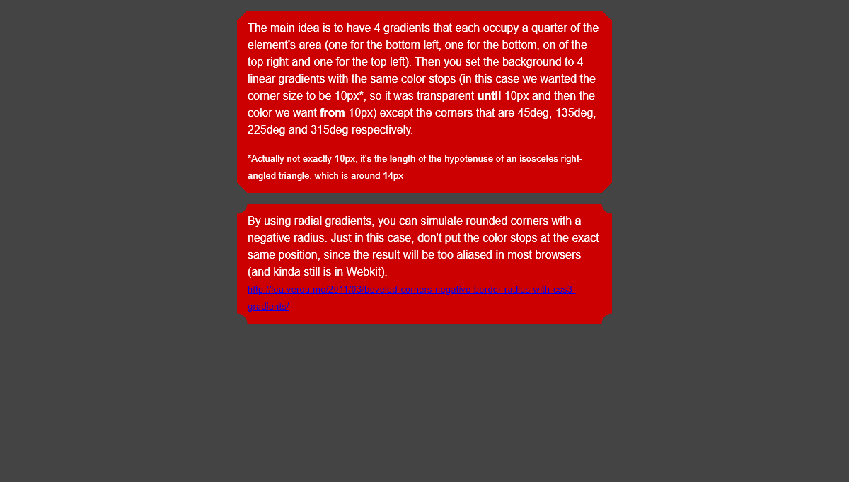CSS Corners - Beveled corners & negative border-radius with CSS3 gradients
