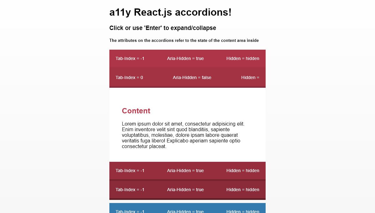 React.js Accordions - React + a11y Simple Accordion Example