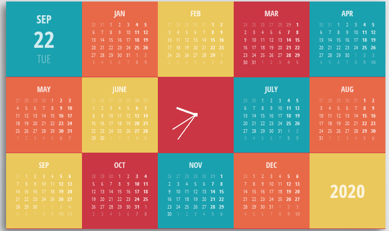 CSS Calendars - Blue, Orange, Yellow, and Red Calendar