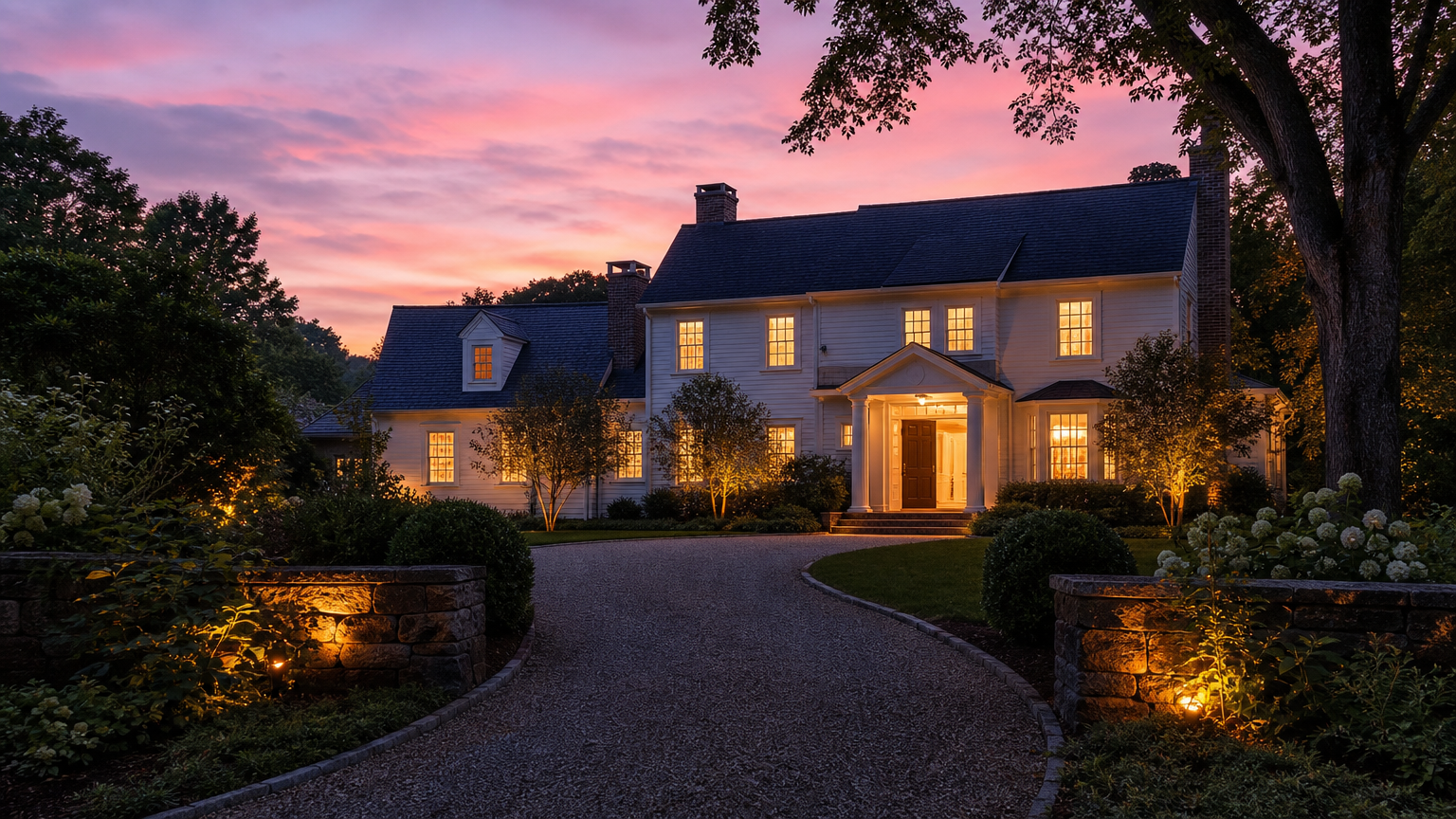 A house at twilight with the front door open and every window lit