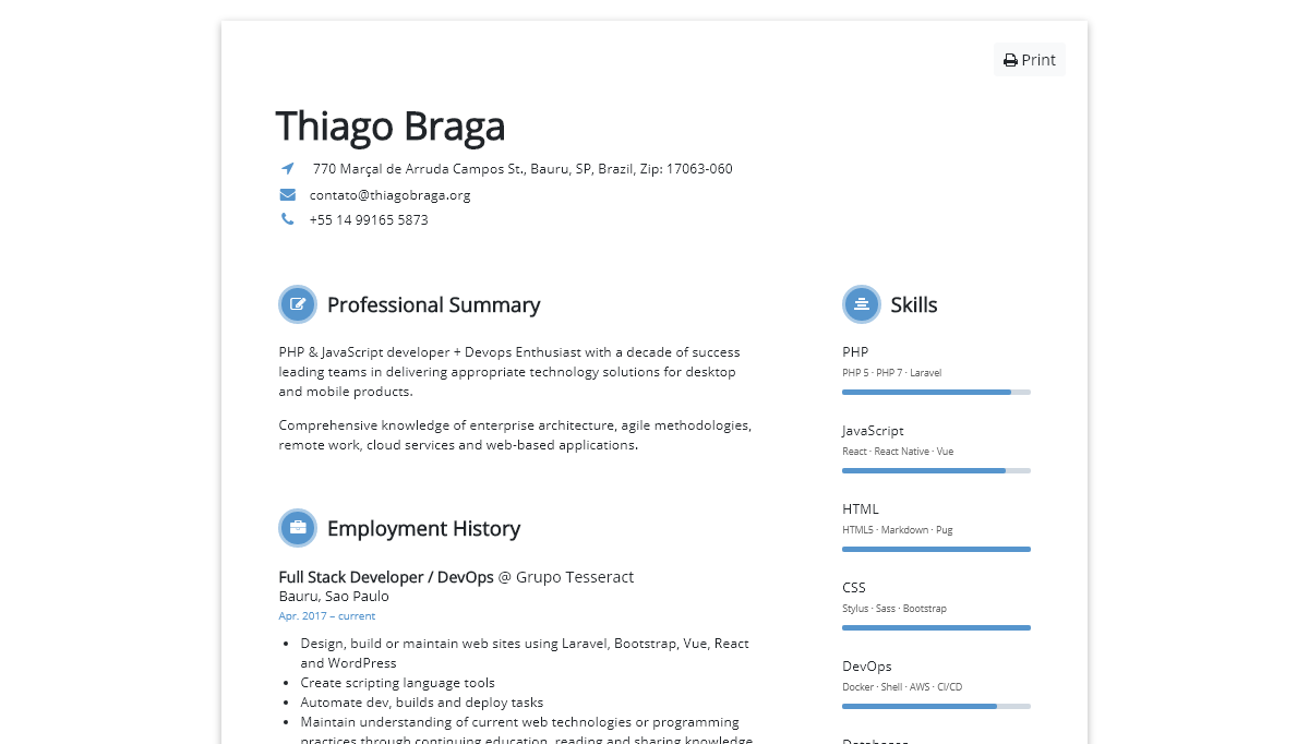 HTML Resume Templates - Thiago Braga | English Resume