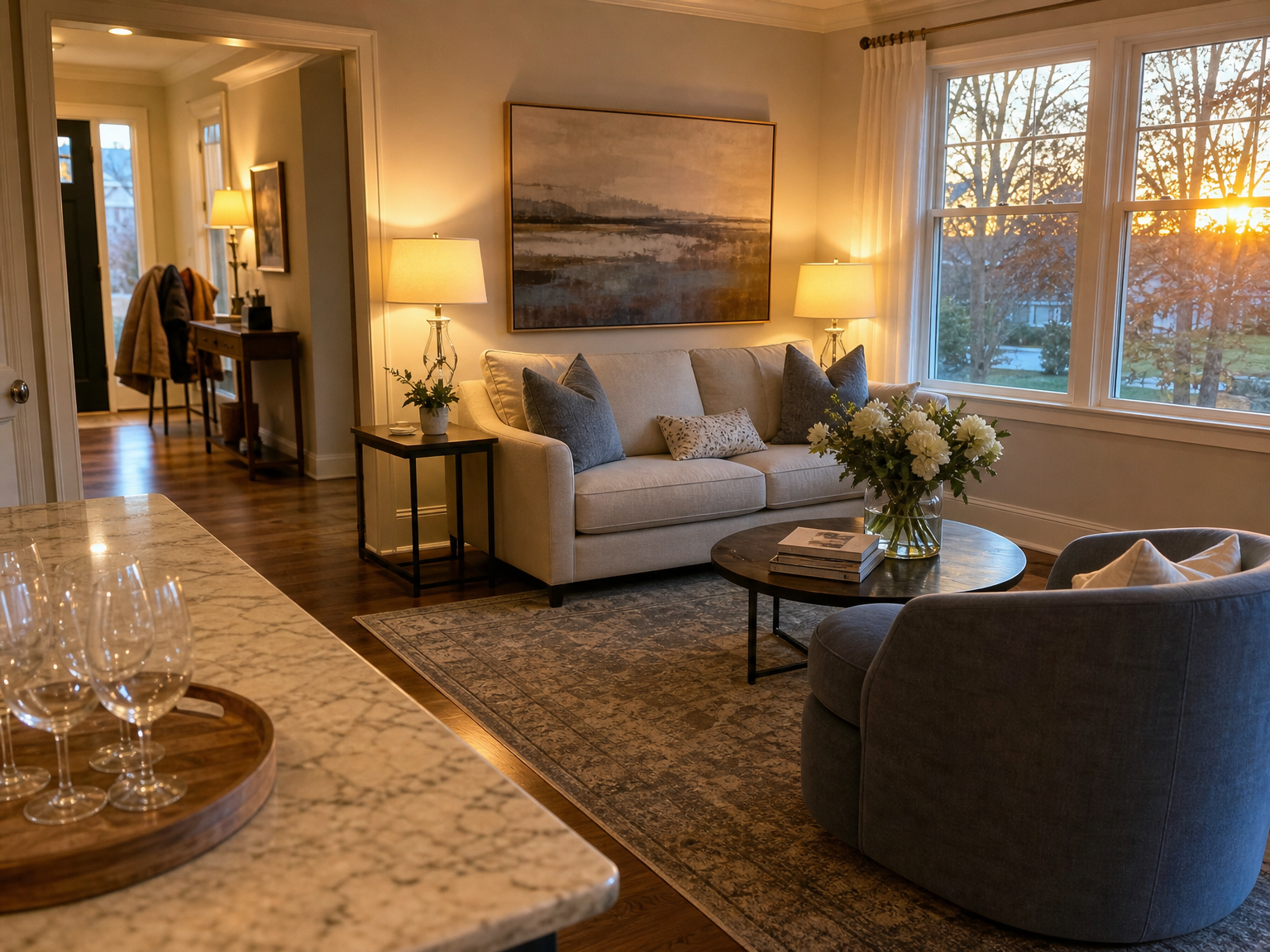 A staged living room lit warm for an evening open house