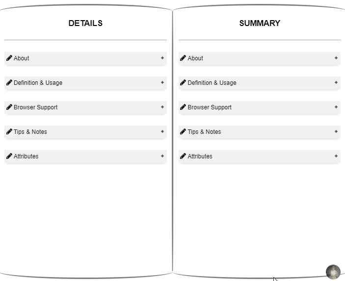 HTML <details> & <summary> with CSS - Responsive 1 Web Page Split Screen