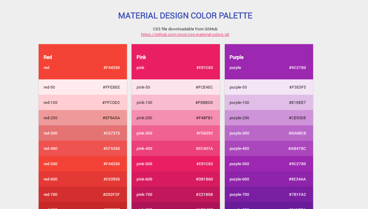 CSS Color Palettes - Material Design Color Palette