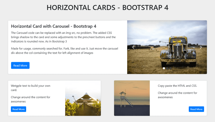 Bootstrap Cards - Horizontal bootstrap Cards with Carousel  - Bootstrap 4  Pub