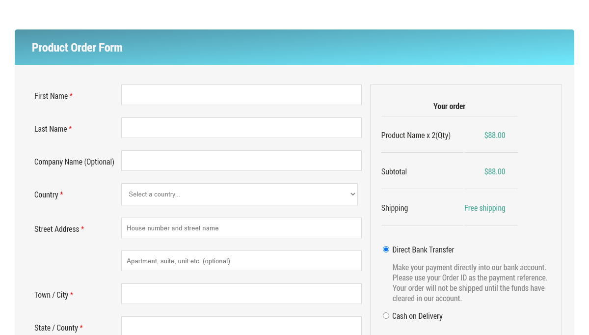 CSS Checkout Forms - Product Order Form