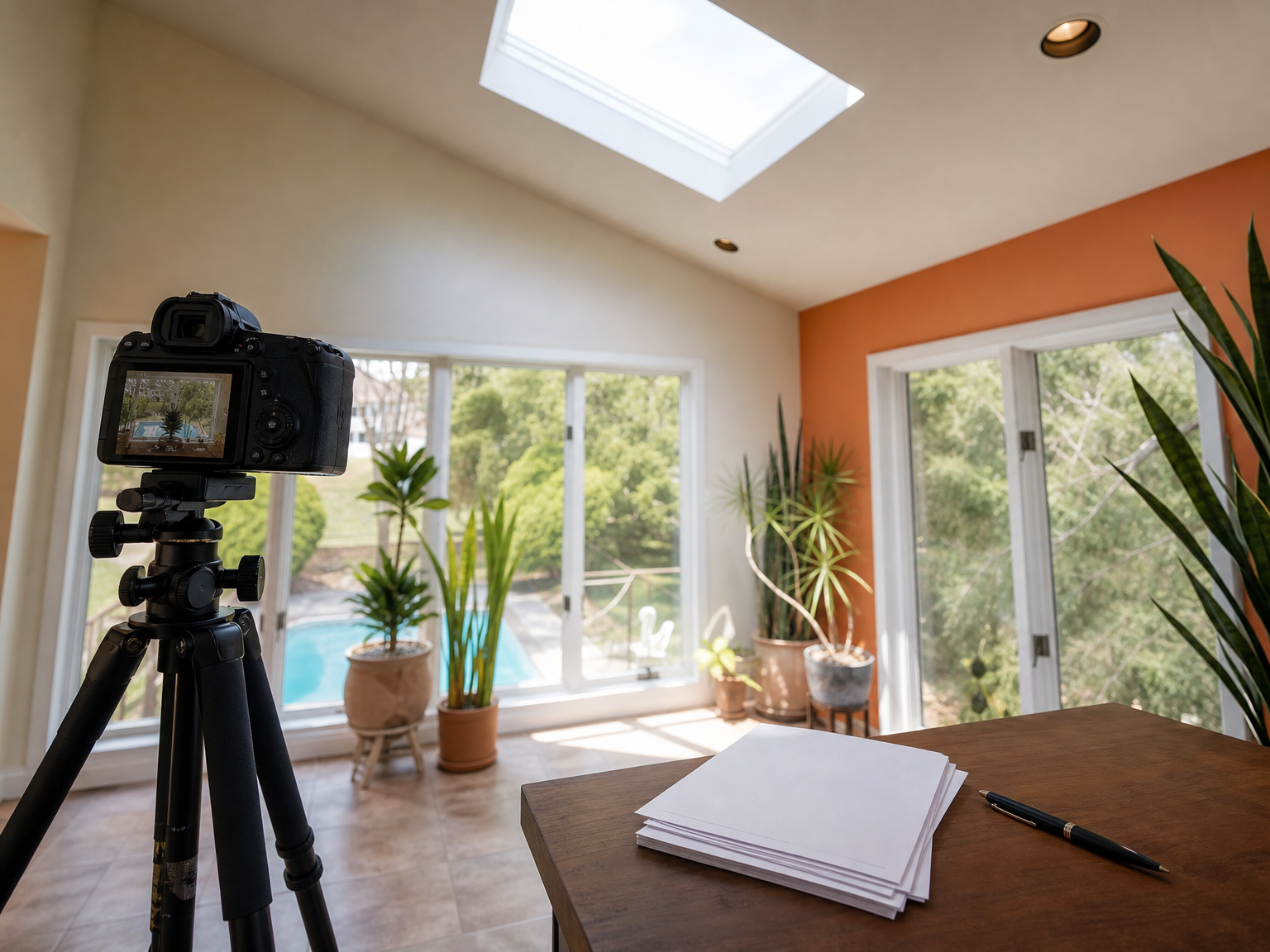 A camera on a tripod set up in a bright sunroom, with printed letters and a pen on a table in the foreground