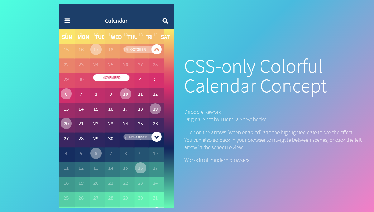CSS Calendars - CSS-only Colorful Calendar Concept